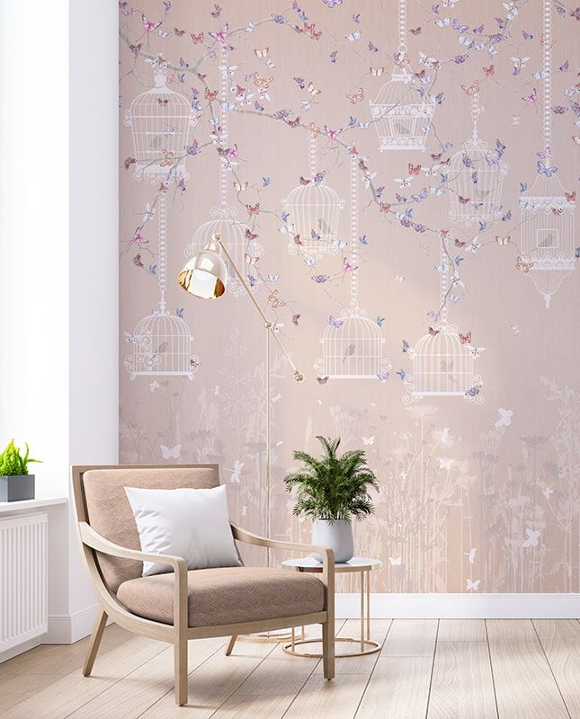 Фреска Графика Райский сад. Бабочки и клетки с птицами. ag0317