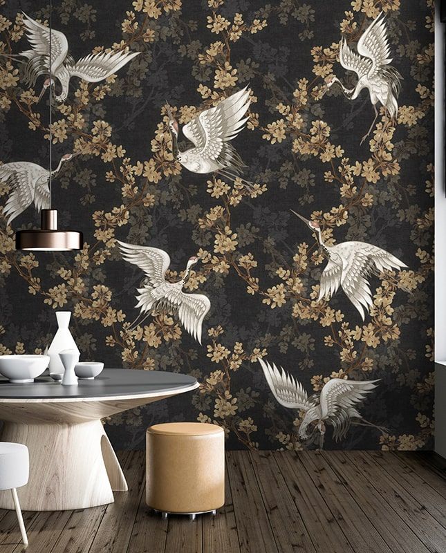 Фреска Графика Шинуазри. Журавли. Японский стиль. ag0369