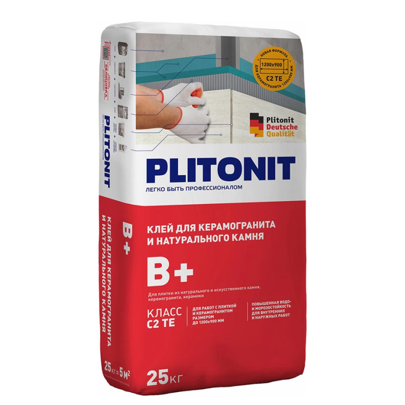 Клей для плитки/ керамогранита/ камня Plitonit В+ серый класс C2 TE 25 кг
