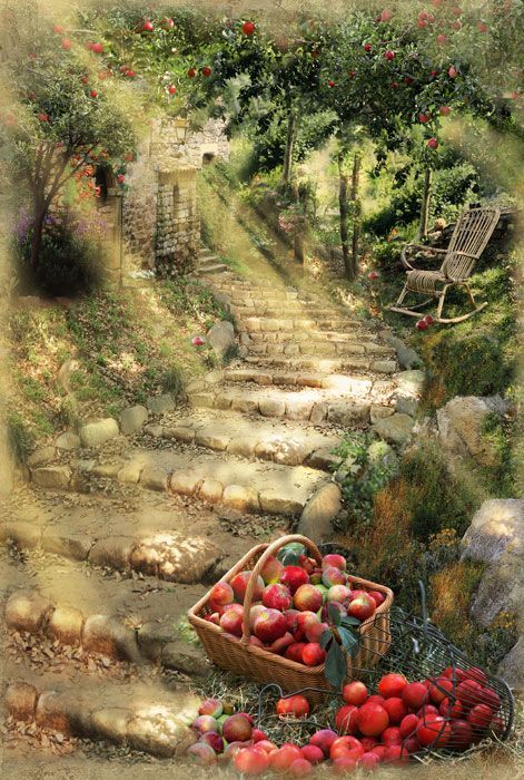 Фреска Лестница в саду и корзина с яблоками