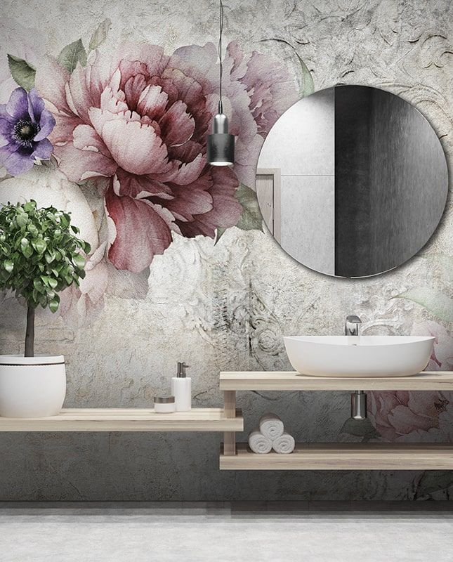 Фреска Графика Пионы. Орнамент. Старая стена. Лофт. ag0342