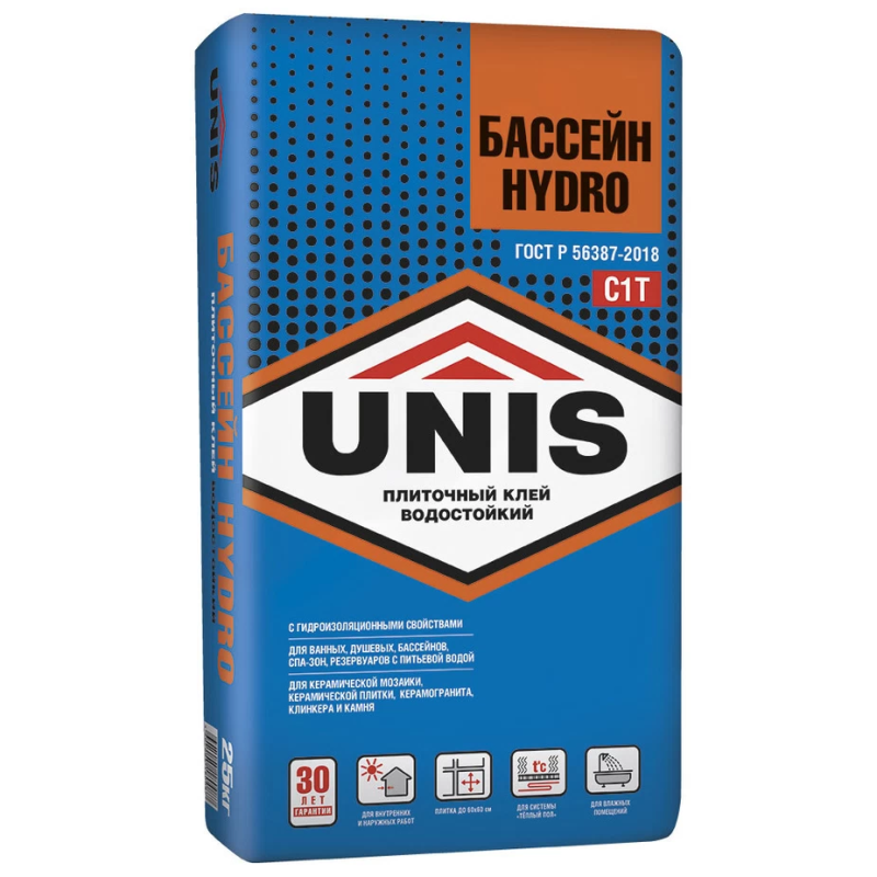 Клей для плитки/ керамогранита/ камня Unis Бассейн Hydro влагостойкий серый класс C1 T 25 кг