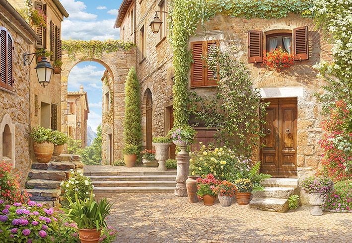 Фреска Цветущая улочка Тоскана с аркой