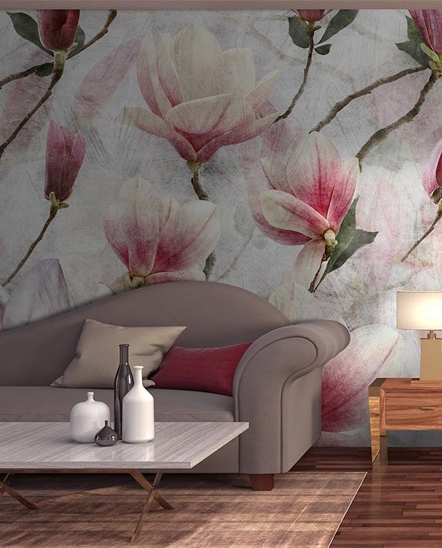 Фреска Графика Цветы магнолии. Старая стена. Лофт. ag0343
