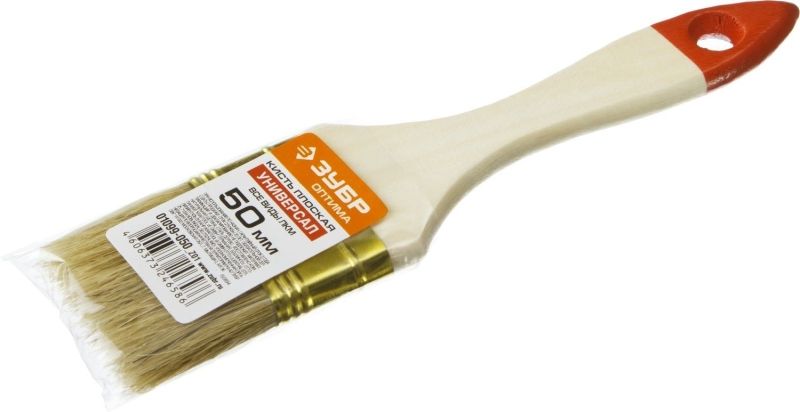Кисть плоская ЗУБР "УНИВЕРСАЛ-ОПТИМА", светлая щетина, деревянная ручка, 50мм