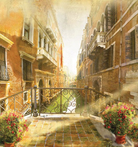 Фреска Мостик с красными цветами в Венеции