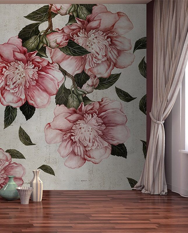 Фреска Графика Пионы на стене.  ag0093