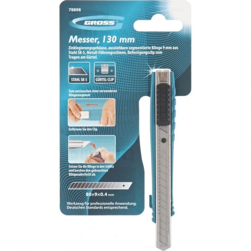 Нож 130 мм, метал. корпус, выдв.сегм.лезвие 9 мм (SK-5), метал. направ-щая, клипса для ремня// Gross