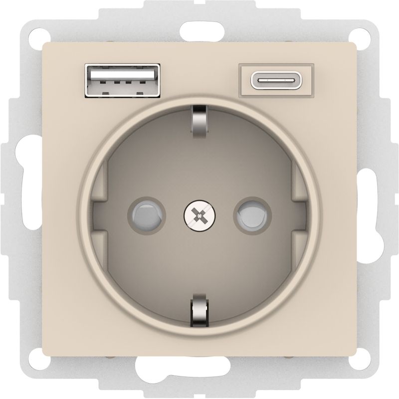 Розетка электрическая Schneider со шторками с зарядным устройством USB-A+C (Бежевый)