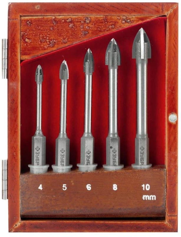 Набор сверл по кафелю, керамике, стеклу, с четырьмя режущими лезвиями, шестигранный хвостовик, 5 шт: 4, 5, 6, 8, 10 мм, ЗУБР "ЭКСПЕРТ"