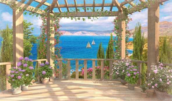 Фреска Деревянная веранда с видом на синее море