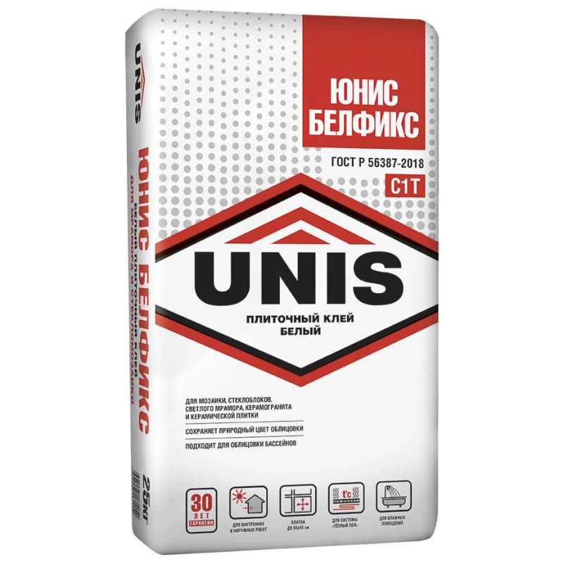 Клей для плитки и керамогранита Unis Белфикс белый класс C1 T 25 кг