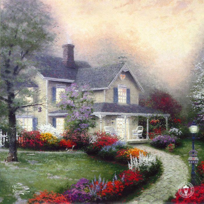 Фреска Дорожка с красными цветами ведущая к белому загородному дому