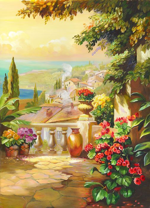 Фреска Красные цветы у баллюстрады