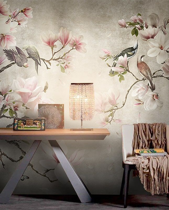 Фреска Графика Цветущая магнолия. Лофт. Райские птицы. ag0329