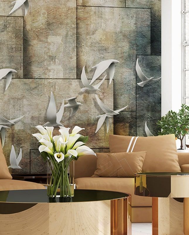 Фреска Графика Лофт. 3D. Старая стена. Птицы. ag0202