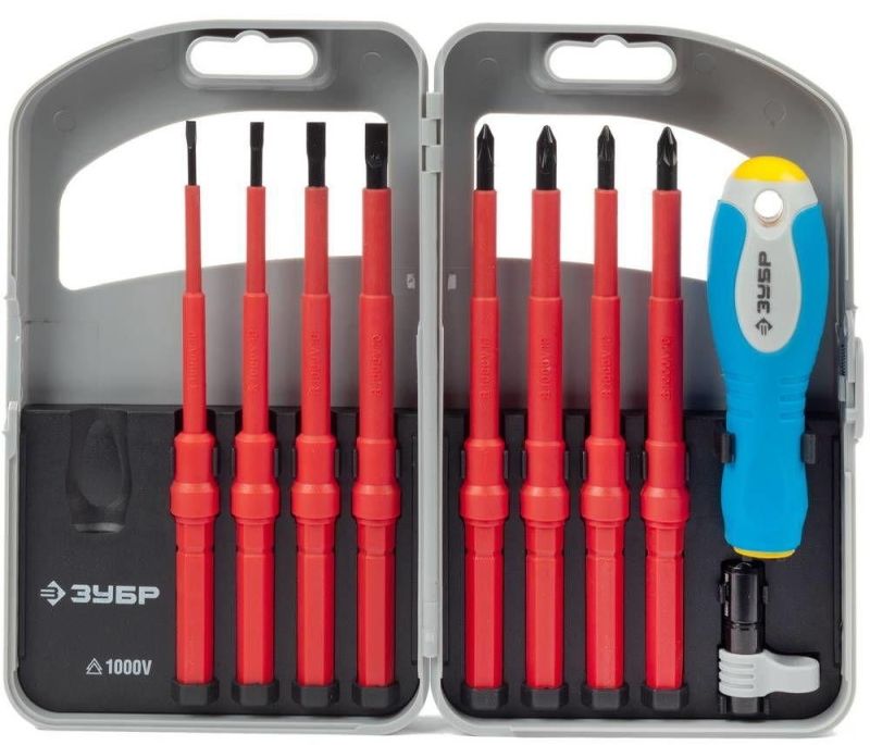 Набор ЗУБР: Отвертки диэлектр., до 1000В, Cr-V, PH №1, 2, PZ №1, 2, SL 3,0, 4,0, 5,5, 6,5мм, минифонар