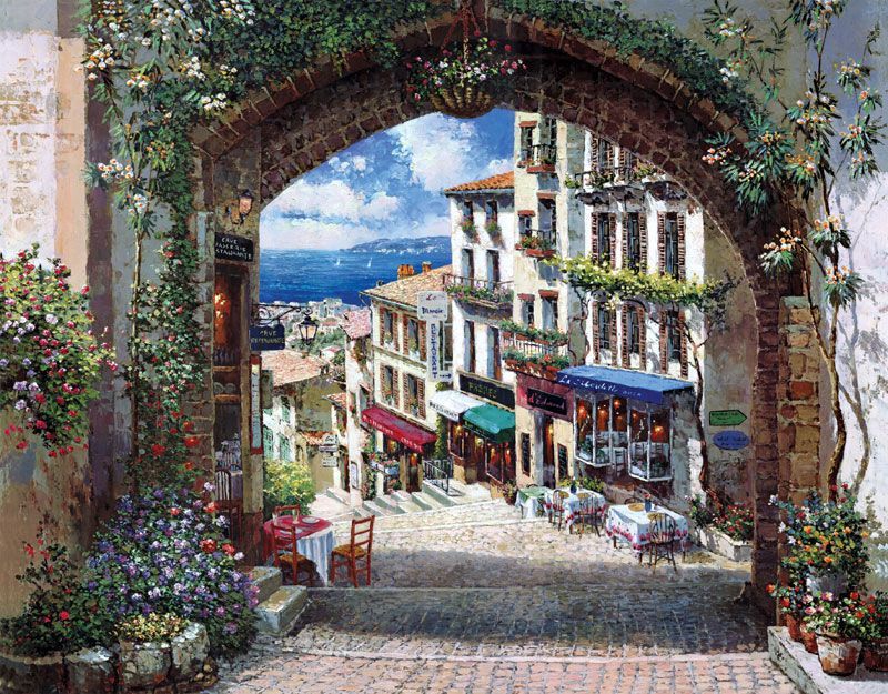 Фреска Живописная арка с видом на улочку и море