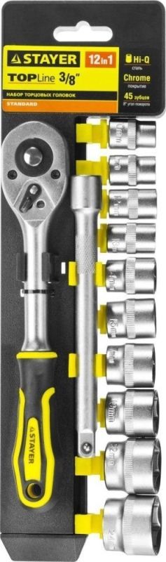Набор STAYER "STANDARD": Торцовые головки (3/8") на пластиковом рельсе, трещотка, удлинитель, 10-24мм, 12 предметов
