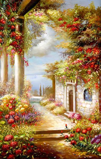 Фреска Цветущие клумбы рядом с домом