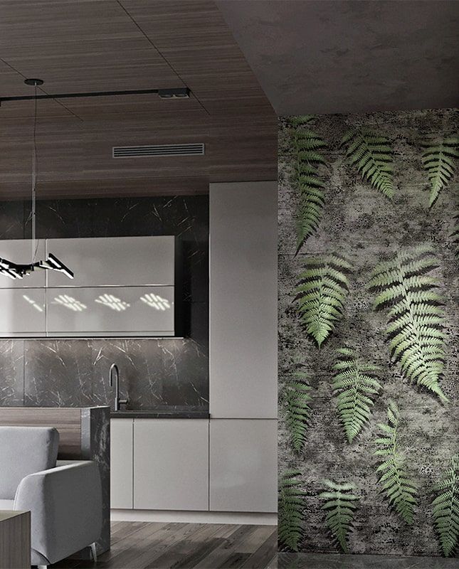 Фреска Графика Папоротник. Лофт. Старая стена.  ag0396