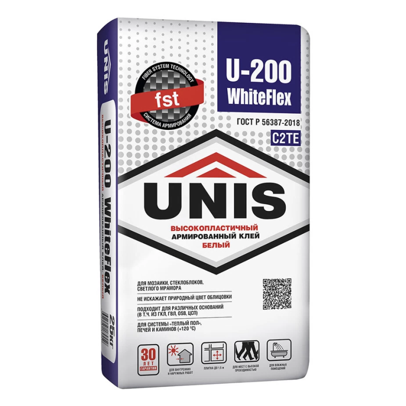 Клей для плитки/ керамогранита/ камня Unis WhiteFlex U-200 высокоэластичный армированный белый класс C2 TE 25 кг