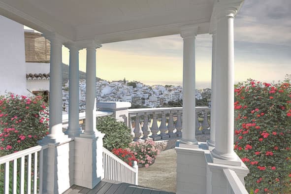 Фреска Белая терраса с красными цветами