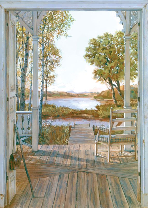 Фреска Деревянная веранда со стулом