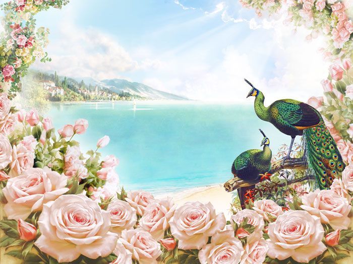 Фреска Павлины в цветах