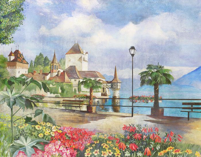 Фреска Набережная с красными цветами и замком