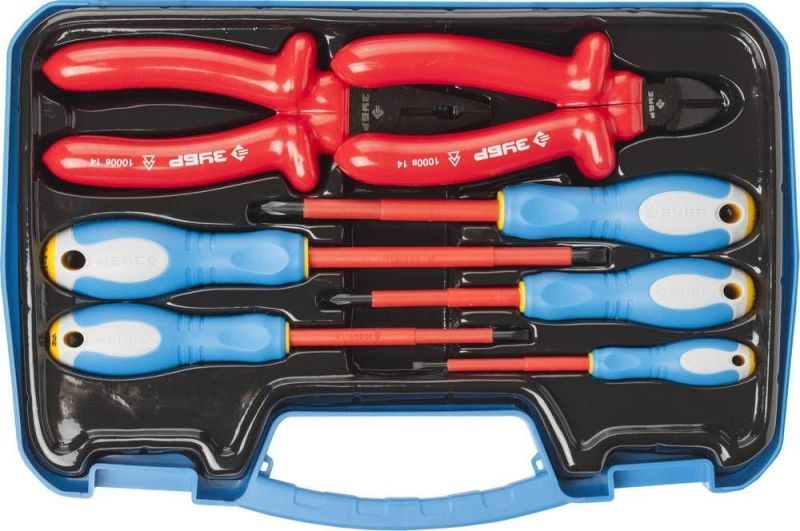 Набор: Губцевый инструмент, диэлектрический, высоковольтный до ~1000В, маслобензостойкая рукоятка, 7предм, ЗУБР Профессионал