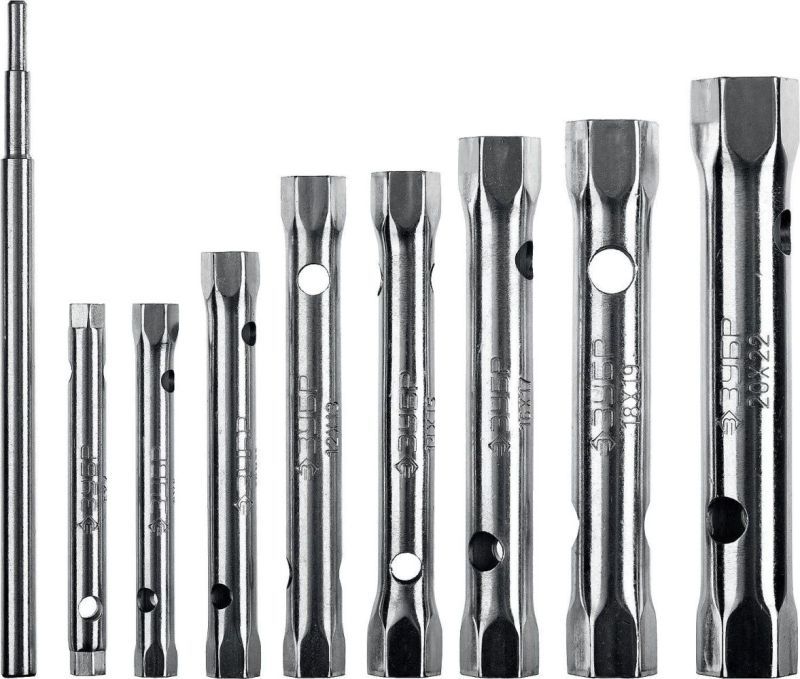 Набор ЗУБР "МАСТЕР": Ключи торцовые, трубчатые двухсторонние, 6-22мм, с воротком, 9шт