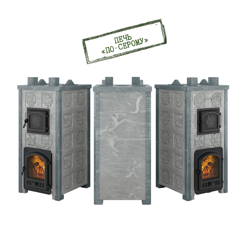 Печь Эверест "Легкий пар Профи" каменка «по-серому», Талькохлорит, Б/В, Резная (2 стор.+фасад)
