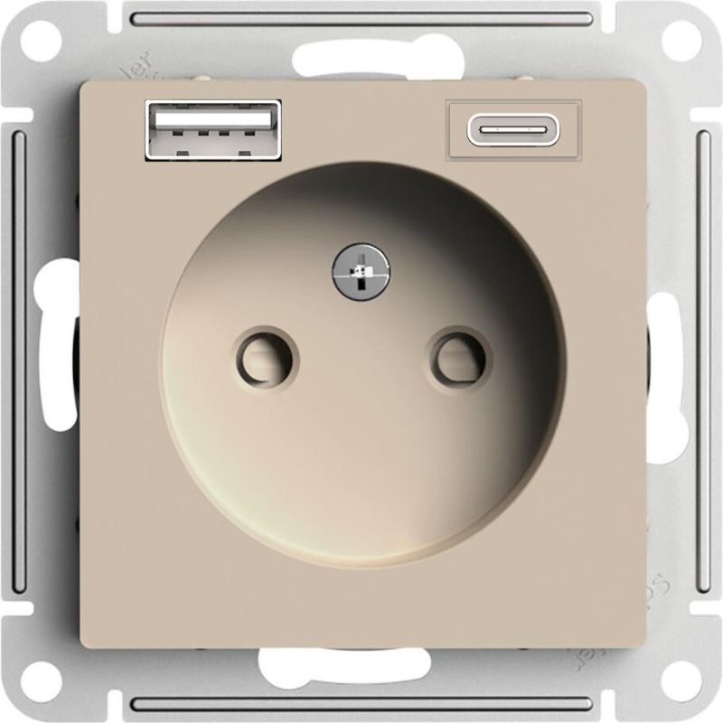 Розетка электрическая Schneider со шторками с зарядным устройством USB-A+C (Песочный)