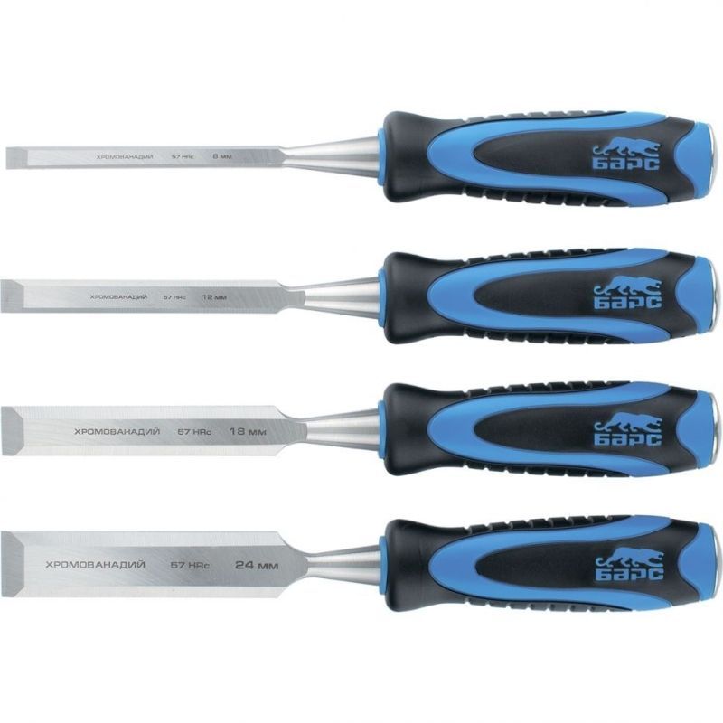 Набор долот-стамесок плоских,4шт,8-12-18-24мм,двухкомп.рукоятка,металлический затыльник// Барс