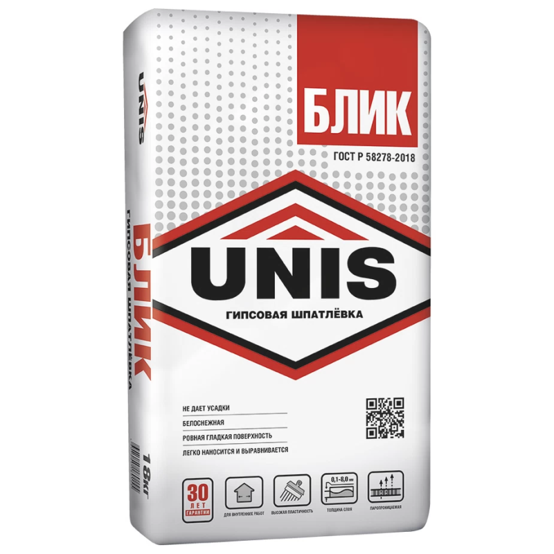 Шпаклевка гипсовая Unis Блик финишная белая 18 кг