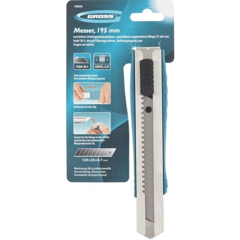 Нож 195 мм, метал.корпус, выдв. сегм. лезвие 25 мм (SK-5), метал. напр-щая, клипса для ремня// Gross