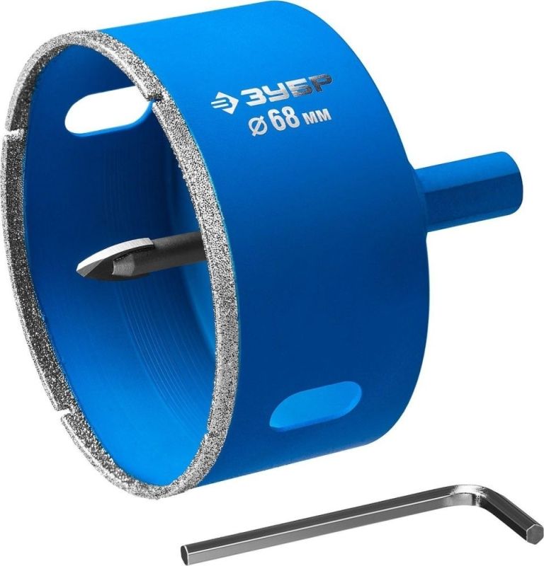 Коронка алмазная по кафелю и стеклу, d=120 мм, зерно Р 60, в сборе с центрирующим сверлом и имбусовым ключом, ЗУБР Профессионал