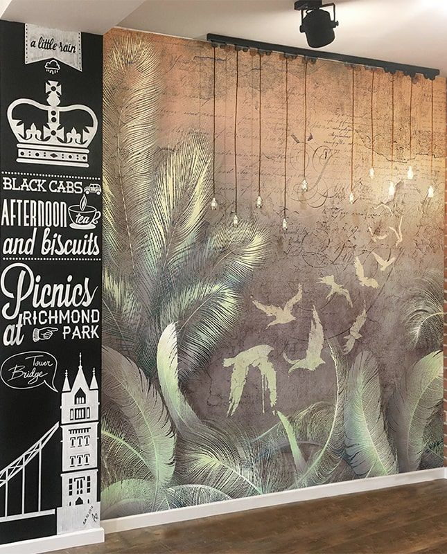 Фреска Графика Перья. Лофт. Старая стена.  ag0391