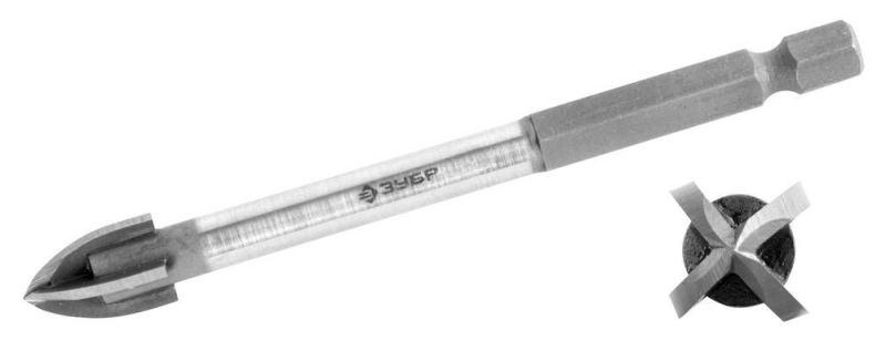 Сверло по кафелю, керамике, стеклу, с четырьмя режущими лезвиями, шестигранный хвостовик, 10 мм, ЗУБР "ПРОФЕССИОНАЛ"