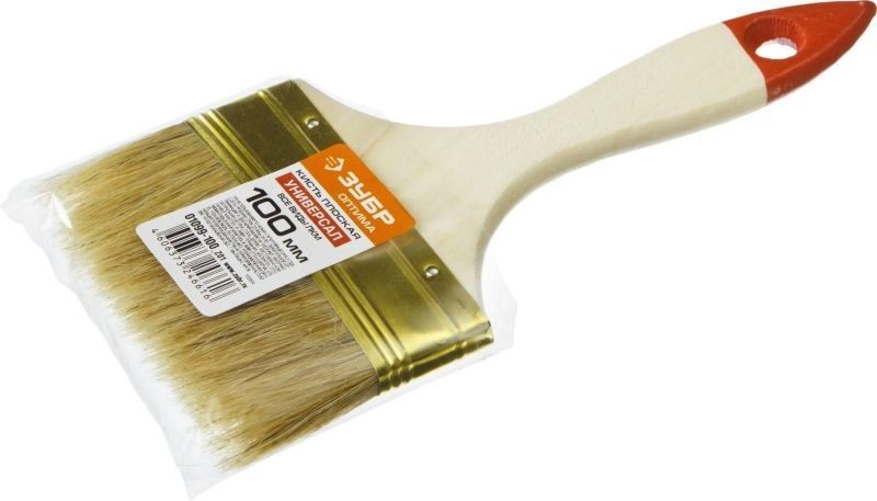 Кисть плоская ЗУБР "УНИВЕРСАЛ-ОПТИМА", светлая щетина, деревянная ручка, 100мм