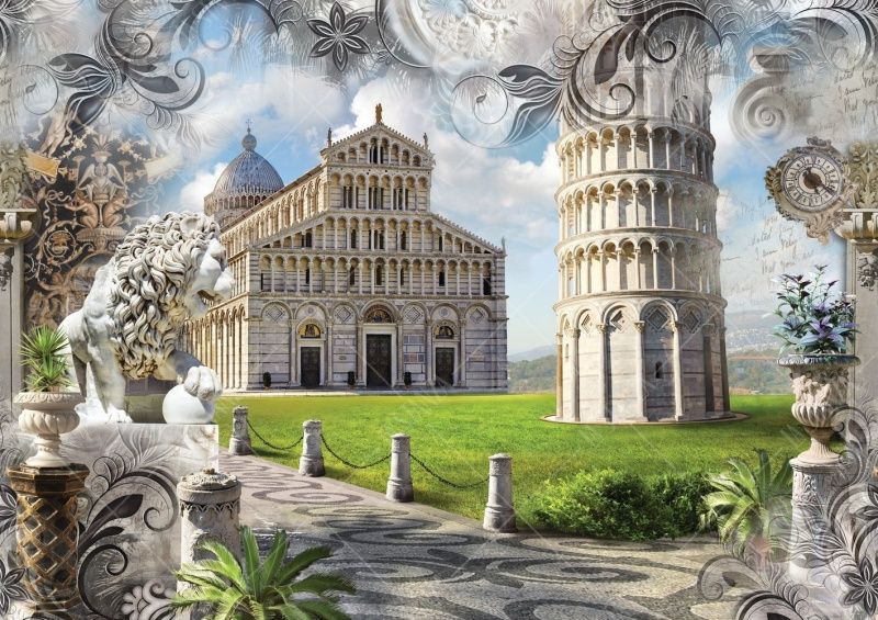 Фреска Пизанский кафедральный собор и пизанская башня в орнаменте