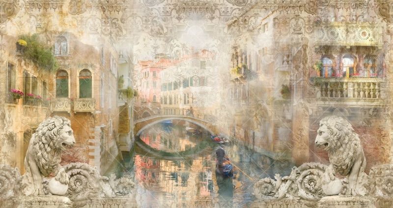 Фреска Львы, Венеция и гондолы сквозь орнамент