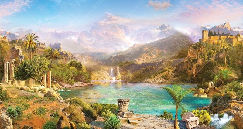 Фреска Водопад, озеро в горах, античные развалины