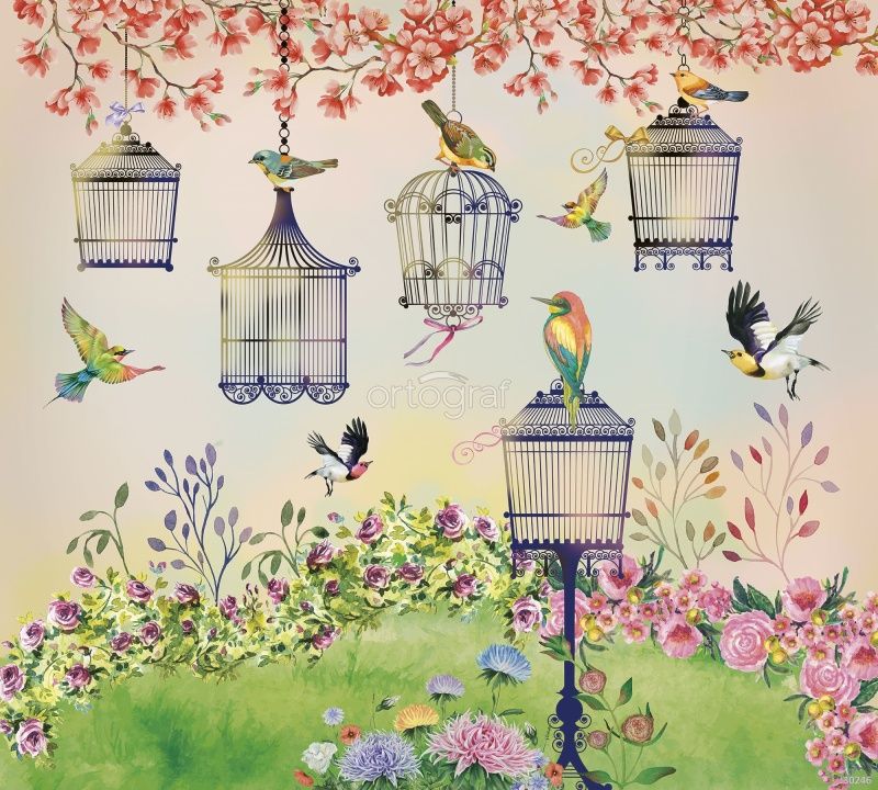 Фреска Птицы и клетки в саду Art.30246