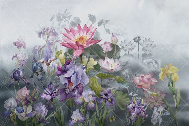 Фреска Розовые нимфеи и сиреневые ирисы в сером тумане