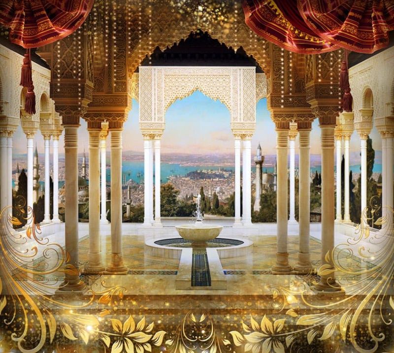 Фреска Восточная колоннада с фонтаном и золотыми цветами