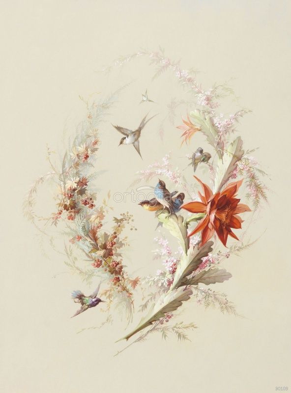 Фреска Птицы и красный цветок Art.30109