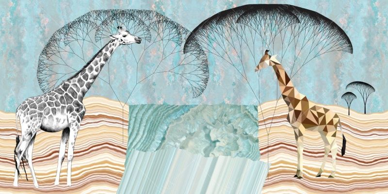Фреска Жирафы и деревья на мятном фоне
