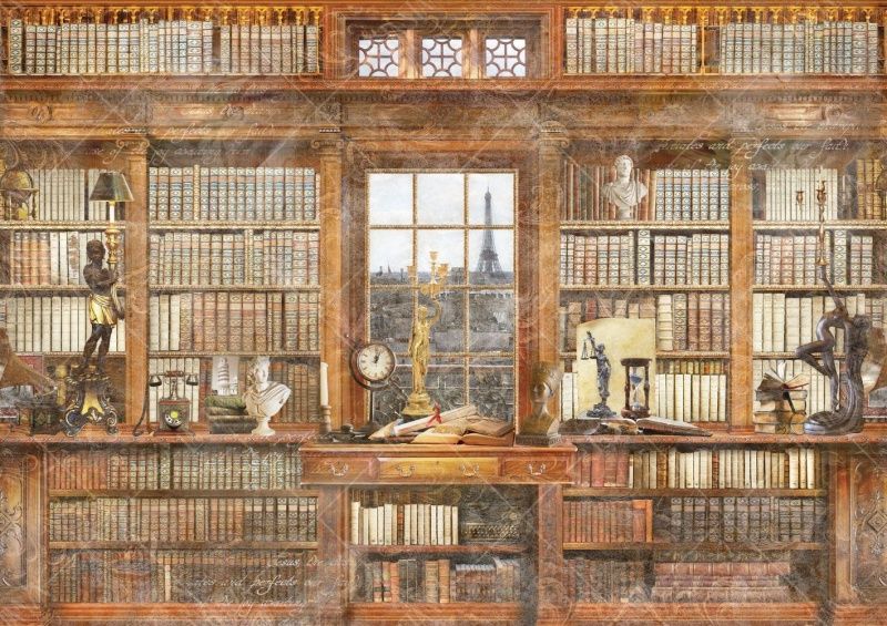 Фреска Книжный стеллаж, орнамент, в окне Эйфелева башня